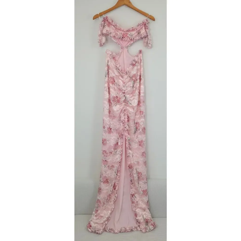 Dzo Harper Pink Floral Lace Cut out Romantic Ethereal Maxi Dress Sz Large NWT